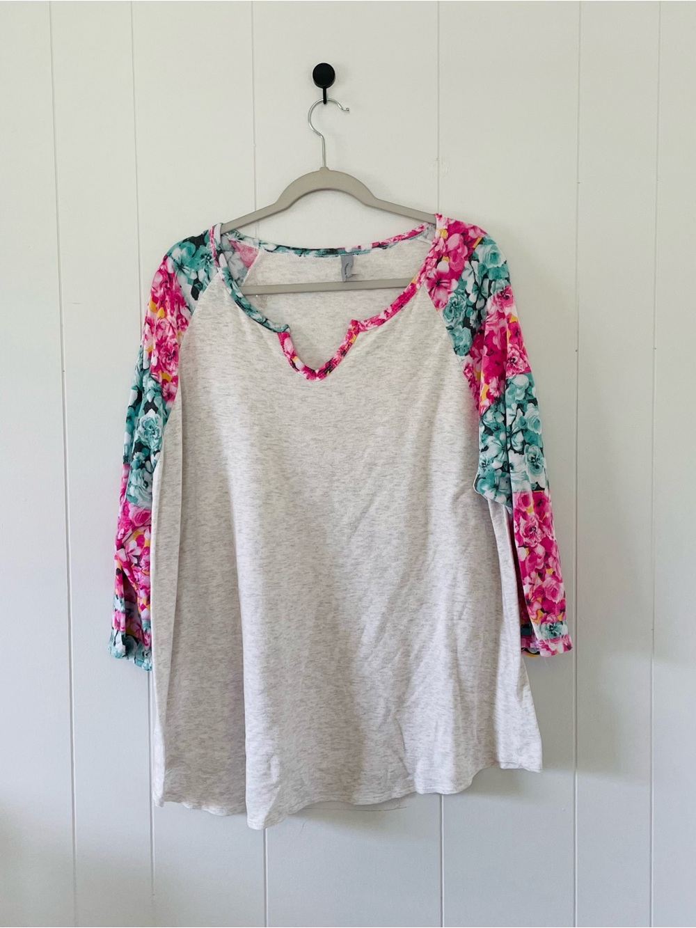 Honeyme Light Gray Top with Pink & Teal Floral Raglan Sleeves